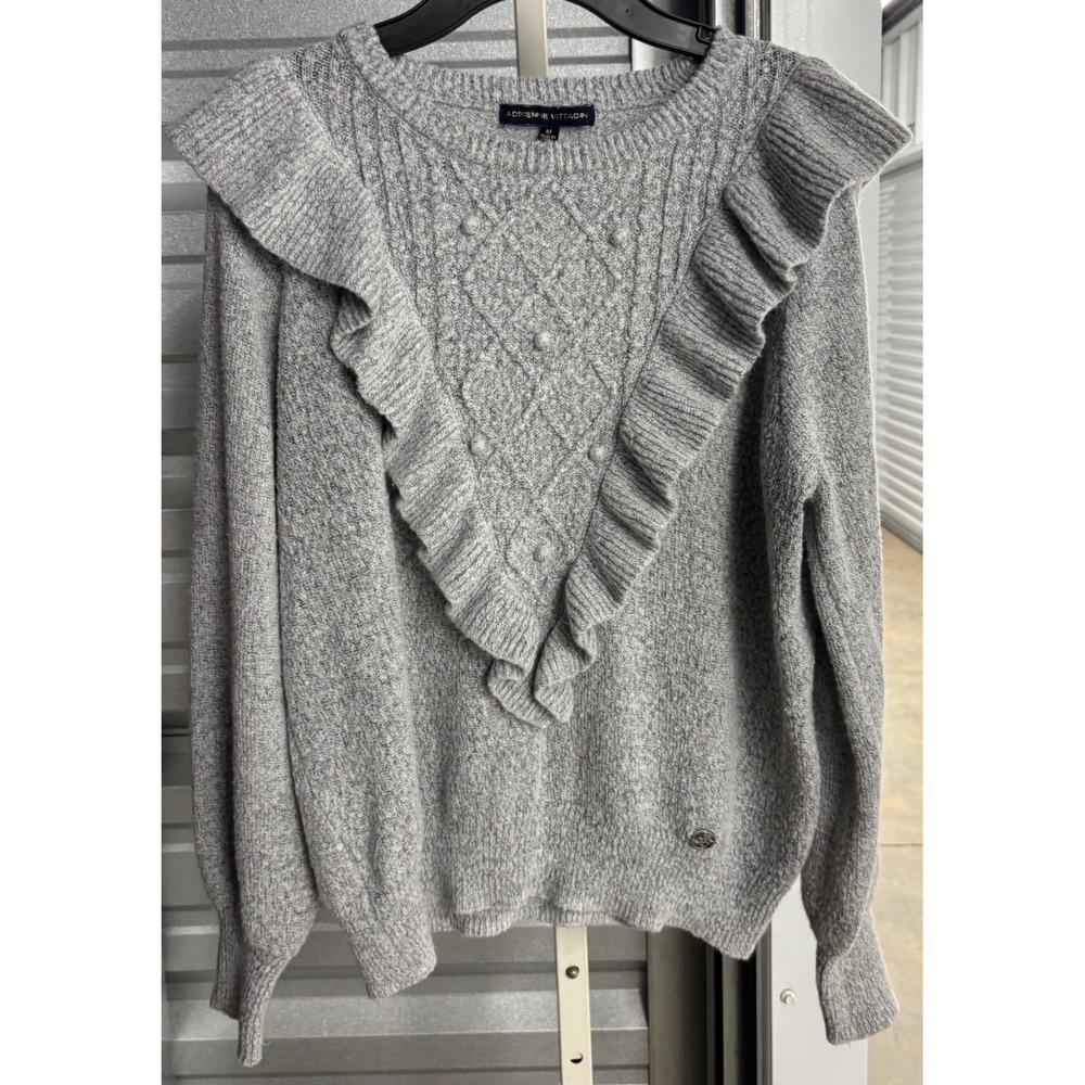 Adrienne Vittadin Grey Ruffle Cable Knit Bobble Sweater Womens Medium